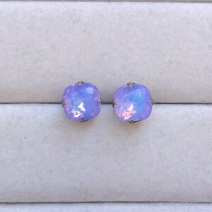 Lilac Purple-Blue Opal Aurora Borealis+Antique Brass Cushion Cut Crystal Earring